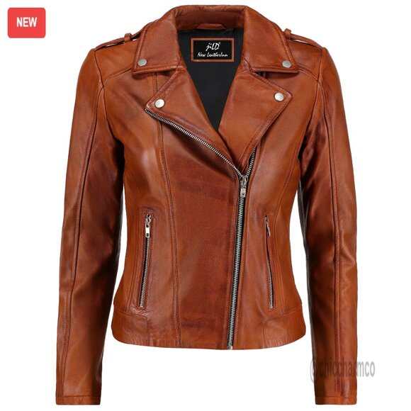 Vintage Biker Style Leather Jacket Women's Motorcycle Zip-Up Lightweight Coat